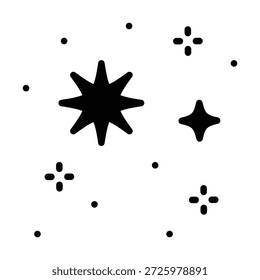 Icono negro brillante. Forma de estrella, signo de línea de estrellas. Resplandor, brillo, brillo, símbolo brillante. Elemento decorativo estético para un diseño, Anuncio, postal, collage, Clipart. Ilustración vectorial plana.
