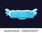 Sparkle blue stone horizontal shape board with snowdrift, frozen glassy rock banner with cracked. Vector cartoon rectangle frame with text space. Winter block boulder, menu button for game interface