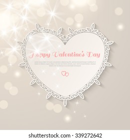Sparkle bright white paper heart on bright background. Light card for Valentine's Day. Vector illustration. Valentines day decorative greeting card or banner with place for text. Bokeh lights.
