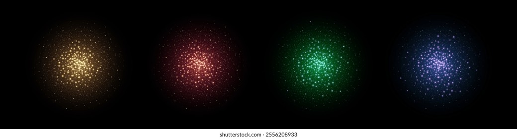 Sparkle color lights. Gold, red, green, blue glow stars isolated on black background. Sparkle glares in galaxy. Colorful flashes of light in space. Abstract vector illustration set.