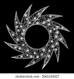 Funkelkreissenker mit glühenden Flecken. Vektorrahmen auf Basis eines kreisförmigen Cutter-Icons und von Schnittlinien. Sparkle karcass-rund schneidende Rundschneider auf schwarzem Hintergrund.