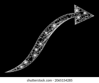 Sparkle crossing mesh curve arrow with glowing spots. Vector frame generated from curve arrow icon, and with crossing lines. Glowing frame polygonal curve arrow on a black background.