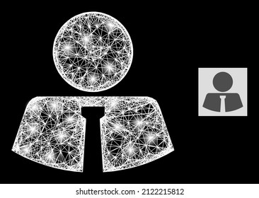 Sparkle crossing mesh mister with lightspots on a black background. Light vector mesh based on mister glyph, with hatched net and lightspots.