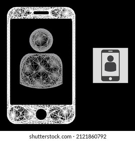 Esparkle cruzando la malla usuario de smartphone con manchas de luz sobre un fondo negro. Modelo vectorial de luz creado a partir del usuario de smartphone glyph, con red intersectada y puntos de luz.