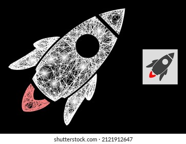 Espuma cruzando el cohete espacial de malla con focos en un fondo negro. La malla vectorial ligera se crea a partir del símbolo del cohete espacial, con malla irregular y focos luminosos.