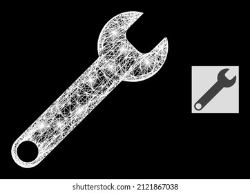 Sparkle crossing mesh spanner with light spots on a black background. Light vector structure is based on spanner symbol, with intersected network and light spots.