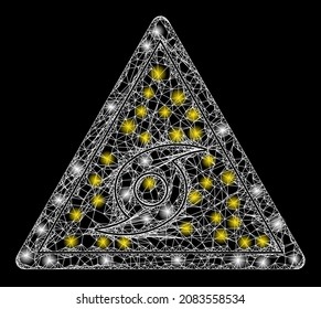 La espuma que cruza la malla amenaza del tifón con focos de luz. Cáscaras vectoras basadas en el icono de peligro de tifón y con líneas de cruce. Flare carcass peligro de tifón poligonal en un fondo negro.