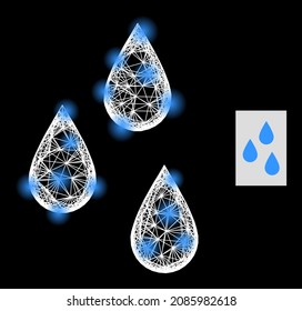 Sparkle crossing mesh water drops icon with light spots and white mesh on a black background. Illuminated vector mesh created from water drops icon, with linear white network and random light spots.