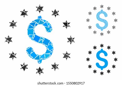 Sparkle dollar mosaic of ragged elements in different sizes and color tints, based on sparkle dollar icon. Vector inequal elements are organized into mosaic.
