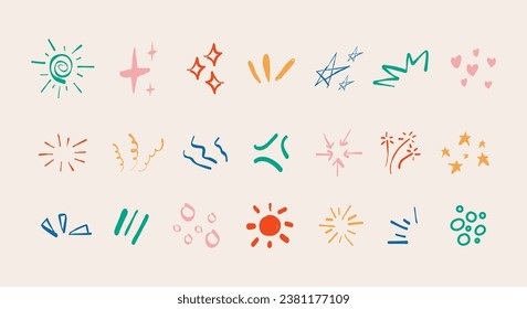 conjunto de dibujos a mano de garrapatas. brillo de estrella dibujado a mano. círculos de explosión de líneas y elementos de chispa. fuegos artificiales o dibujos animados confetti splatter vector fondo aislado