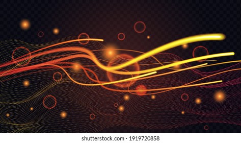 Glühender Staub strahlt Lichteffekt mit Energiekreisen Vektorgrafik. Dynamische Motion-Stardust-Wellen leuchten, golden glitzernde Sequin-Partikel und die Linse auf transparentem dunklem Hintergrund