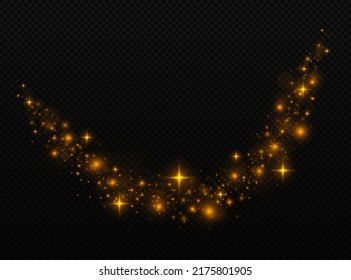 Esparce la luz de polvo con partículas brillantes. El flujo de la ola dorada brilla sobre un fondo transparente. El sendero mágico reluce con estrellas brillantes.