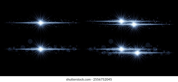 Sparkle effect set. Glowing light bursts, radiant star beams, luminous particles, glittering effects, and bright streaks of light for decoration, emphasis, and design elements.