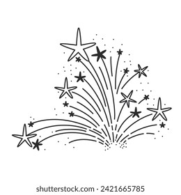 Sparkle and explode stars in fireworks line icon. Thin black outline silhouette of bright magic burst of light and stars, flying sparks monochrome icon, firecracker fire element vector illustration