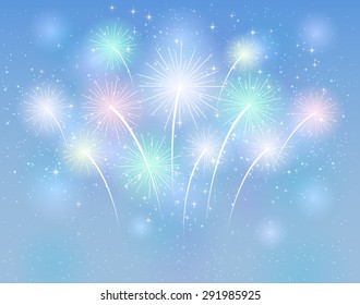 Sparkle fireworks on the blue background, illustration.