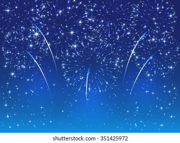 Sparkle fireworks on blue sky background, illustration.