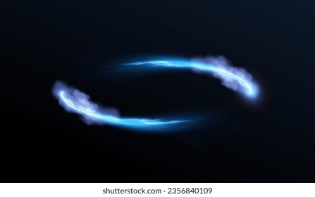 Sparkle flare and flash effects, glow lights, circular neon blue light with glitter particles on black background. Round frames with blue blurred particles shimmering, magic energy effect. Vector