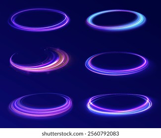 Sparkle flash light star shimmer vector on black background, shiny glowing metal round line planet curve. Glitter neon circle ring frame. Png, effect, wave,neon,line, futuristic web poster card print