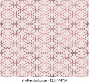 Sparkle geometric seamless pattern with rose gold foil texture. Trendy glitter wallpaper. Modern premium chic background.
