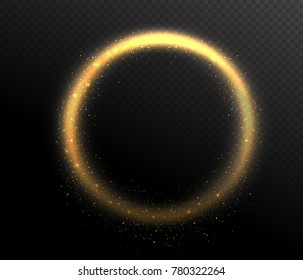 Sparkle glitter circle round shape frame. Glow dust in the air. Gold flow on dark transparent background. Vector illustration