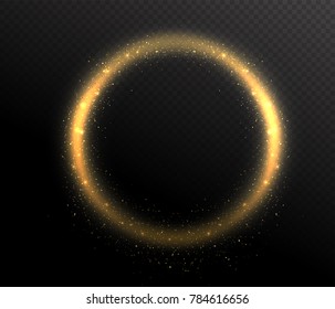 Sparkle glitter circle round shape frame. Glow dust in the air. Gold flow on dark transparent background. Vector illustration