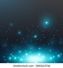 Sparkle glitter texture and white glowing lights effect. Vector sparks isolated on blue magic transparent background for greeting card design