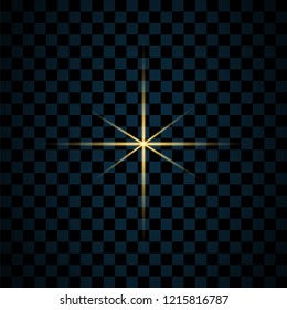 Sparkle gold star, isolated transparent background. Glow shine effect. Golden magic burst with glitter, glowing shiny flare. Flash light explosion. Bright glare design Vector illustration