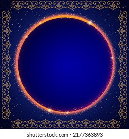 Sparkle golden shining pattern frame with glowing round banner on blue dark background vector illustration