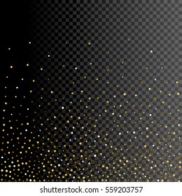 Sparkle greeting card background design. Glitter gold decoration on transparent. Golden shiny particles for celebration christmas or new year. Holiday festive confetti.