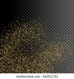 Sparkle greeting card background design. Glitter gold decoration on transparent. Golden shiny particles for celebration christmas or new year. Holiday festive confetti