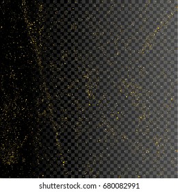 Sparkle greeting card background design. Glitter gold decoration on transparent. Golden shiny particles for celebration christmas or new year. Holiday festive confetti