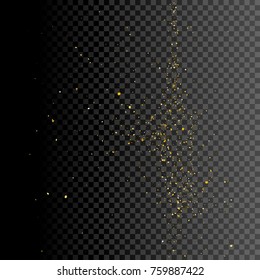 Sparkle greeting card background design. Glitter gold decoration on transparent. Golden shiny particles for celebration christmas or new year. Holiday festive confetti.