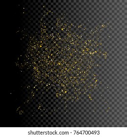 Sparkle greeting card background design. Glitter gold decoration on transparent. Golden shiny particles for celebration christmas or new year. Holiday festive confetti.