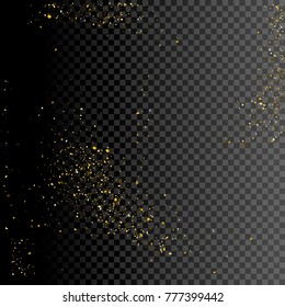 Sparkle greeting card background design. Glitter gold decoration on transparent. Golden shiny particles for celebration christmas or new year. Holiday festive confetti.