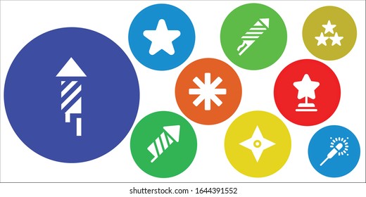 sparkle icon set. 9 filled sparkle icons. Included Fireworks, Star, Firecracker, Sparkler icons