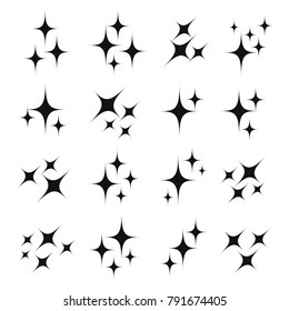 Sparkle-Symbol-Set. Schwarze glitzernde, leuchtende oder brillante Partikel aus Feuer, Stern, Schimmer und funkeln in der Luft. Vektorgrafik-Cartoon im flachen Stil, glänzende Illustration einzeln auf weißem Hintergrund