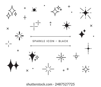 Sparkle icon vector set black version. Glowing light effect collection. shiny flash. sparkling star light. bright firework, twinkle. kira kira.