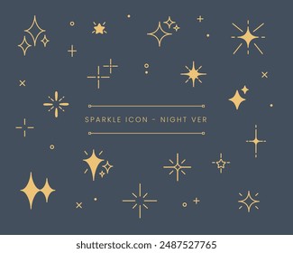 Sparkle icon vector set night version. Glowing light effect collection. shiny flash. sparkling star light. bright firework, twinkle. kira kira.