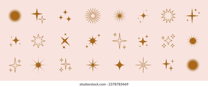 Colección de iconos de destello. Conjunto de formas de estrella. Símbolos de brillo abstracto, elementos Y2k. Perfecto para afiches de diseño, proyectos, banners, logotipo. Ilustración vectorial.