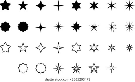 Sparkle icons collection with shine effect signs, star shapes, and magic symbols. Vector design.