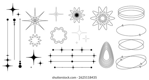 Ícones de Brilho definidos. Elemento minimalista com linha de estrela, quadros lineares, arcos, estrelas. Efeito brilho, brilho, piscando e ícone limpo. Ilustração vetorial salva no EPS 10 e totalmente editável.