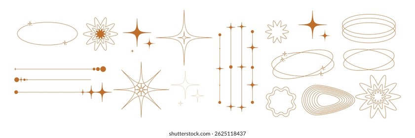 Ícones de Brilho definidos. Elemento minimalista com linha de estrela, quadros lineares, arcos, estrelas. Efeito brilho, brilho, piscando e ícone limpo. Ilustração vetorial salva no EPS 10 e totalmente editável.