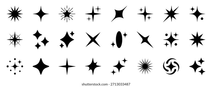 Ícones de faísca definidos. Brilhando símbolos de estrela e contorcer formas em estilo sólido simples. Limpar brilho mínimo e coleção de brilho para elementos decorativos, realces e efeitos de luz mágica - vetor de estoque