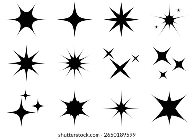 Ícones Brilhantes. Estrelas cintilantes. Brilhar ícones de estrelas. Brilho, brilho, estrela cintilante. formas de estrela sugerindo brilho ou limpeza em preto sólido.