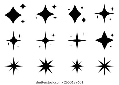 Ícones Brilhantes. Estrelas cintilantes. Brilhar ícones de estrelas. Brilho, brilho, estrela cintilante. formas de estrela sugerindo brilho ou limpeza em preto sólido.