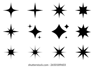 Ícones Brilhantes. Estrelas cintilantes. Brilhar ícones de estrelas. Brilho, brilho, estrela cintilante. formas de estrela sugerindo brilho ou limpeza em preto sólido.