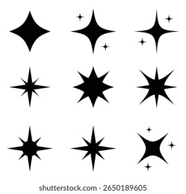 Ícones Brilhantes. Estrelas cintilantes. Brilhar ícones de estrelas. Brilho, brilho, estrela cintilante. formas de estrela sugerindo brilho ou limpeza em preto sólido.