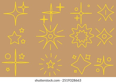 Ícones de faísca. Ícone de estrelas vetoriais. Coleção de estrelas diferentes. Símbolos de faíscas. Emojis de estrelas. Ícones de estrelas cintilantes. Gráfico vetorial.