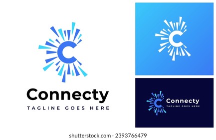 Sparkle initial letter C with abstract circular center circle for technology connection logo design