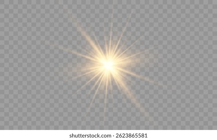Efeito de luz cintilante em plano de fundo transparente — explosão de luz de spot brilhante com feixes brilhantes, brilho e bokeh para show festivo, palco ou design de disco futurista

